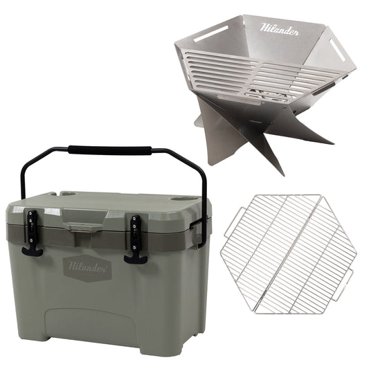 【お得なセット】ハイランドクーラーボックス25L+六花焚き火台+専用ステンレス網3点セット【発送予定1~2日】