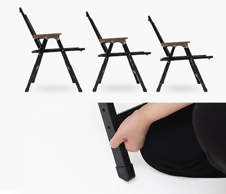 チェアの高さ調整は、脚の部分(ステンレスのボタンを押して脚を上下にスライド)で変更することが可能