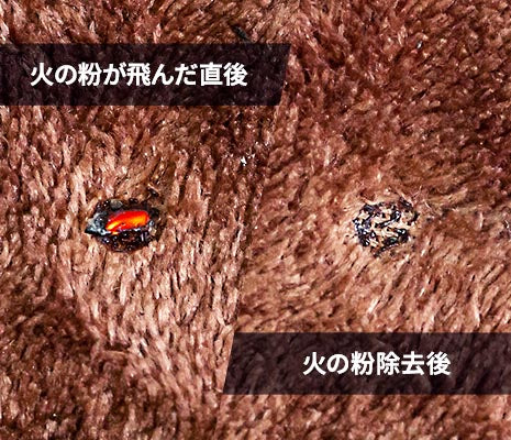 難燃カバーに火の粉を飛ばし難燃効果を実験し、火が燃え広がらないことを確認できました(※当社調べ)
