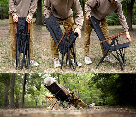 クライマックスローチェアの4段階リクライニング機能を生かした、持ち運びやすいリクライニングチェア