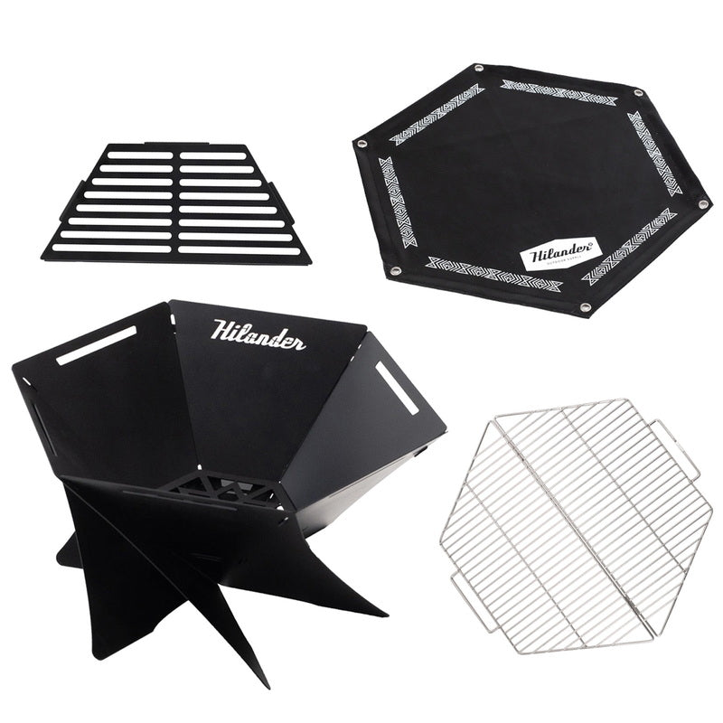 【お得なセット】焚き火台　六花　Ｂｌａｃｋ　Ｅｄｉｔｉｏｎ＋専用焚き火シート＋梯形五徳＋ステンレス網【1〜2日で発送】